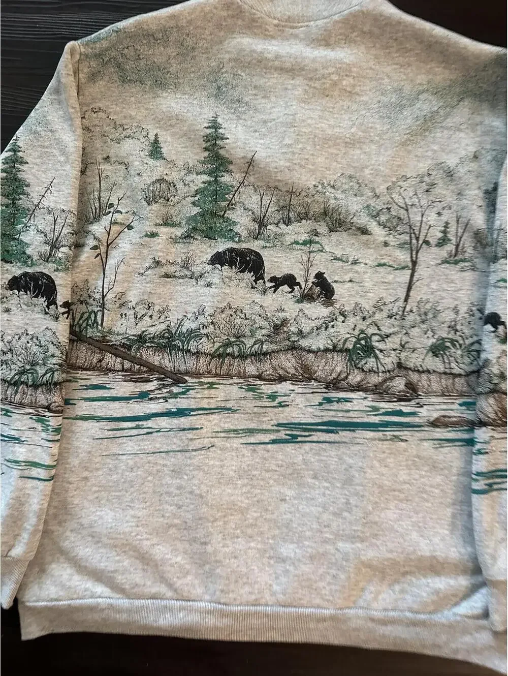 Vintage bear sweater forest river all over print L made in usa - Picture 6 of 7